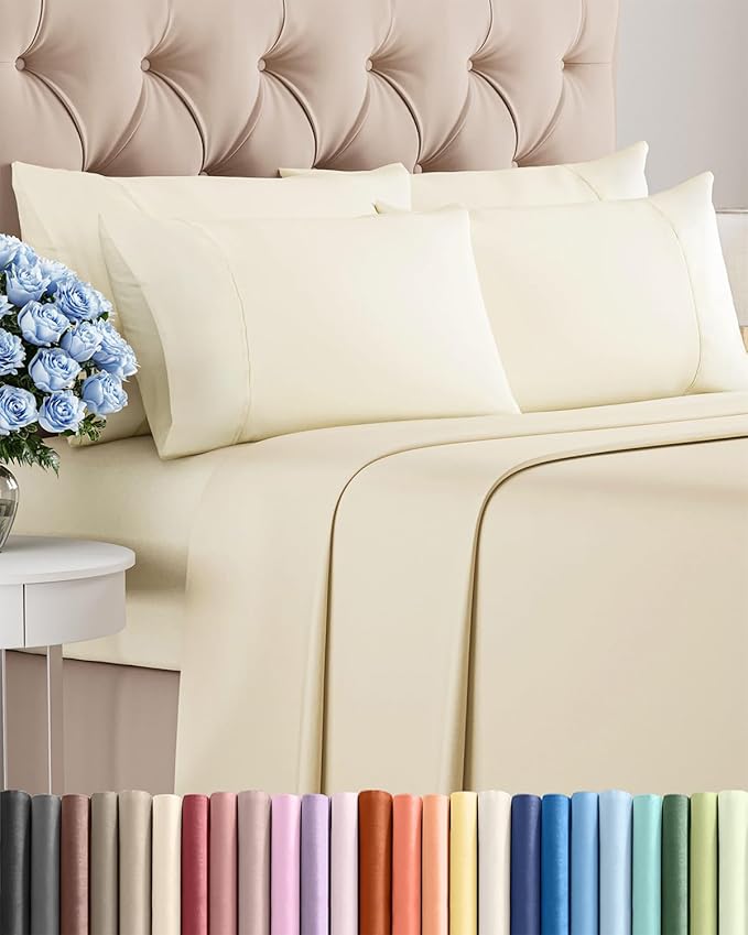 Full 6 Piece Sheet Set - Cooling, Comfy & Breathable - Hotel Luxury Bedding, Includes Fitted Sheet for Women, Men, Kids & Teens - 1 Flat, 1 Fitted Sheet, 4 Pillowcases with Deep Pockets - Off White