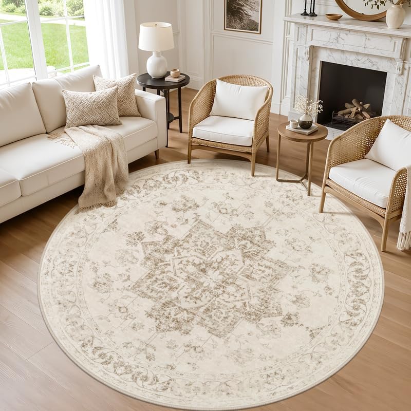 Round Area Rug Living Room: 6ft Washable Carpet Beige/Ivory by Luxturiy