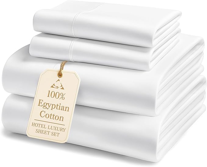 100% Egyptian Cotton Sheets King Size - 1000 Thread Count Silky Sateen King Size Sheets Set, Naturally Cooling & Breathable, Ultra-Soft Hotel Luxury Sheets with 15" Snug Fit Deep Pockets - White