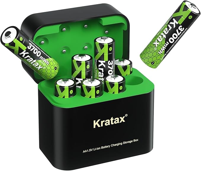Kratax 3700mWh AA Rechargeable Lithium Batteries with Charger, 8 Pack high Capacity Double A li-ion Batteries 1.5v, Long Lasting, Charging Storage Box with AA Lithium Battery Rechargeable