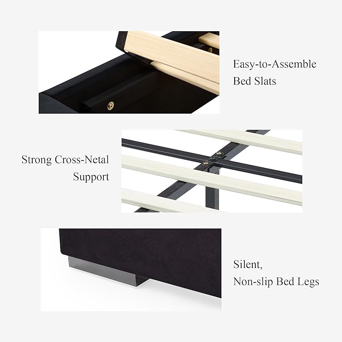 DEINPPA Luxury Queen Bed Frame with Built-in Gold LED Lights and Nightstands, Queen Size Platform Bed with Oversize Upholstered Headboard, No Box Spring Needed-Gunmetal Black