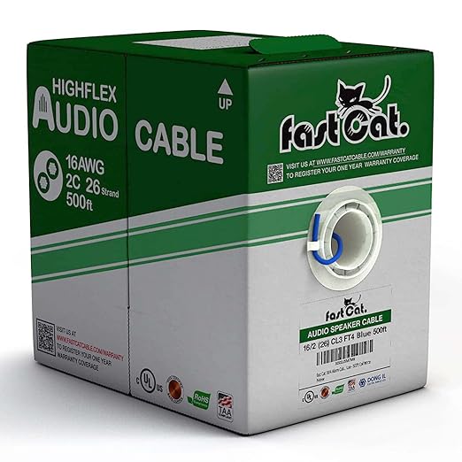 fast Cat. Speaker Wire 16 Guage 2C, UL Listed & CMR/CL3R-FT4 Rated - Speaker Cable w/PVC Jacket, 100% Oxygen-Free Pure Bare Copper - (26) HighFlex 16 Guage Wire - in-Wall Use-500ft Bulk Cable, Blue