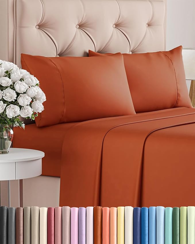 Twin 4 Piece Sheet Set - Cooling, Comfy & Breathable - Hotel Luxury Bedding, Includes Fitted Sheet for Women, Men, Kids & Teens - 1 Flat, 1 Fitted Sheet, 2 Pillowcases with Deep Pockets - Terracotta