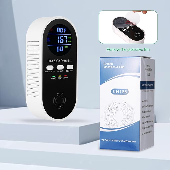 5-in-1 Carbon Monoxide Detector & Natural Gas Leak Alarm,AC-Plug-in CO Alarm & Explosive Gas Detector Battery Backup with Temperature(°F) & Humidity,Three Levels Volume & Brightness for Home,RV,Hotel