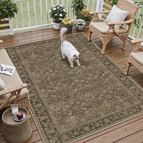 HUGEAR 5x7 Brown Linen Look Washable Area Rug for Living Room by HUGEAR
