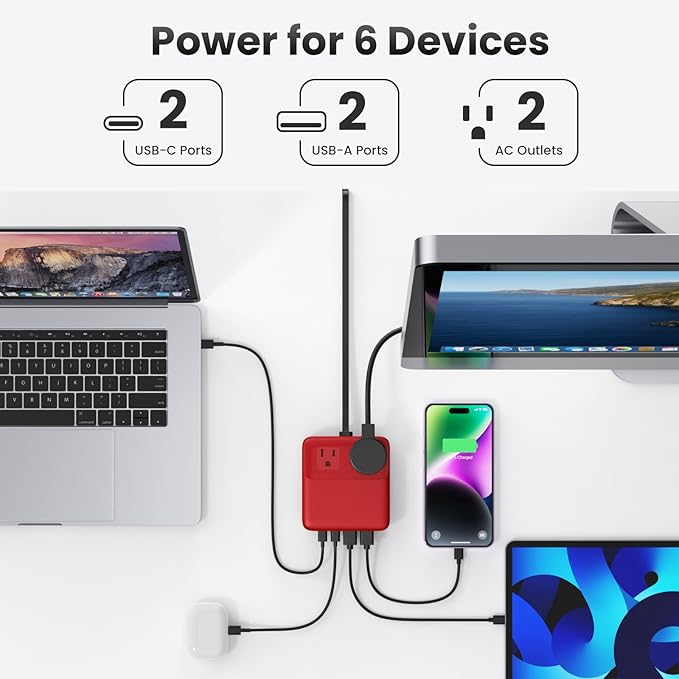 135W Charging Station USB C Power Strip,6-in-1 GaN USB C Charger Block with Plug &5ft Cord,2 AC,2 USB-A,2 USB-C,PD 65W Laptop Charger for MacBook,iPhone 16/15/14,Desktop Fast Charging for Home,Office