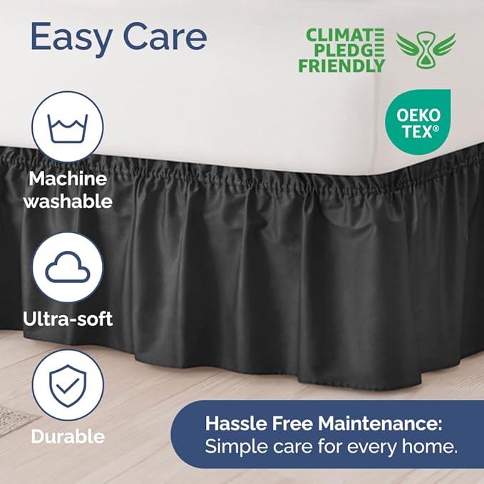 Wrap Around Dust Ruffle Bed Skirt - Black - for King Size Beds with 24 Inch Drop - Easy Fit Elastic Strap - Adjustable Pleated Bedskirt w/Brushed Fabric - Wrinkle Free - for Women, Men, Kids & Teens