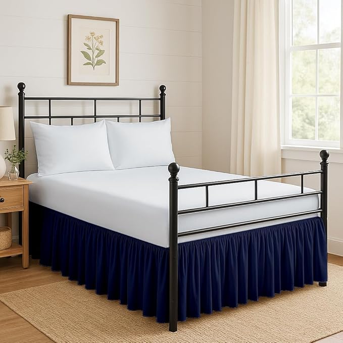 Ruffled Bed Skirt Split Corners with Platform, Tailored Fit Hotel Quality Wrinkle Free Ultra-Soft Microfiber Dust Ruffle, Upto 18 Inch Drop, Full XL, Navy Blue