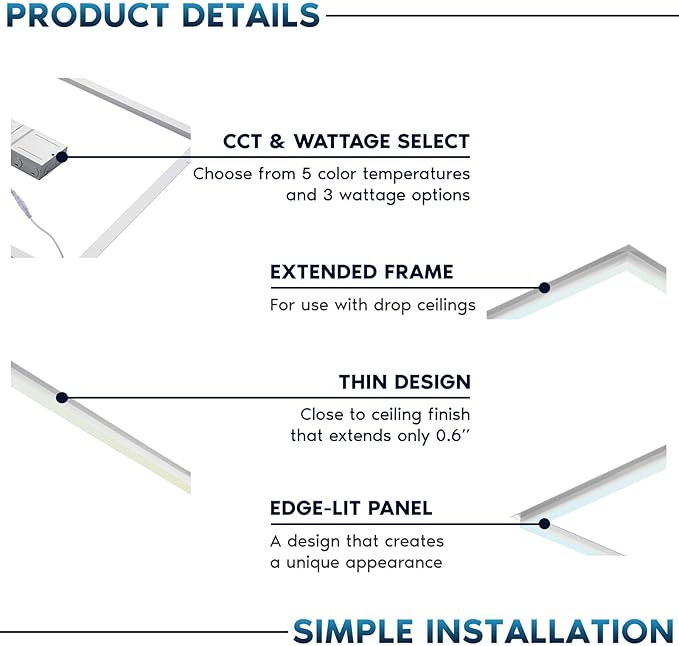 LUXRITE 2x2 FT Edge-Lit Frame LED Panel Lights, 5CCT Selectable 3000K-6500K, 2600/3900/5200LM, 20W/30W/40W Switch, Grid Drop Ceiling Lights, 0-10V Dimmable, Damp Rated, 100-277V, ETL Listed