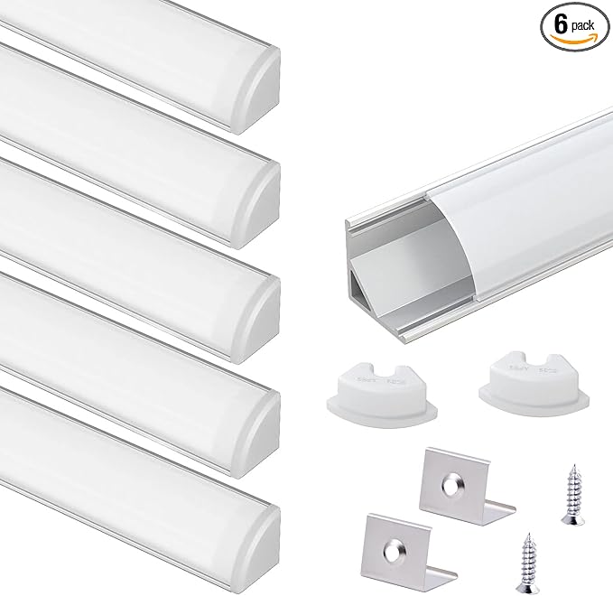VST 6Pack 1 ft LED Aluminum Channel with Milky White Cover V Shape 16x16mm, Led Strip Light Track with End Caps and Mounting Clips Accessories for Living Room, Kitchen