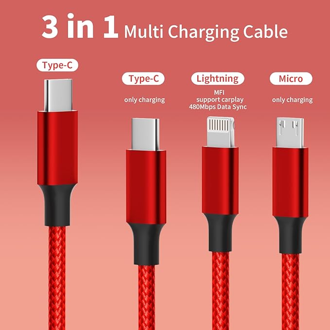 USB C Multi Charging Cable, (2 Pack 4FT), 3 in 1 Charging Cable Nylon Braided Universal Charging Cable with Type-C, Micro USB,IP Port for iPhone16/15 Series/Cell Phones & Pads and Other Devices