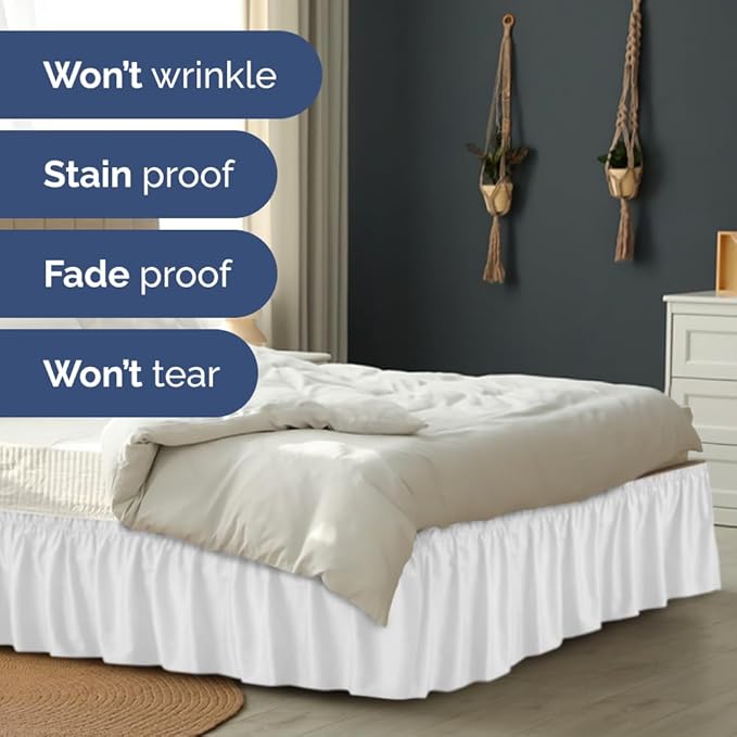 Wrap Around Dust Ruffle Bed Skirt - White - for King Size Beds w/ 14 Inch Drop - Easy Fit Elastic Strap - Adjustable Pleated Bedskirt w/Brushed Fabric, Wrinkle & Fade Free Women, Men, Kids & Teens