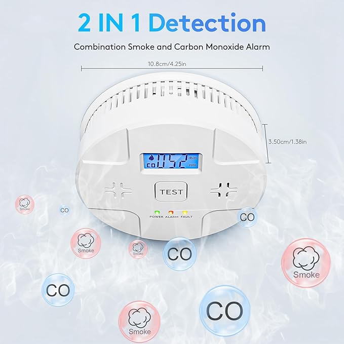 6 Packs,2 in 1 Technology, Smoke,Carbon Monoxide Detector, Co Alarm,85db Alert,LCD Readout,3 Color LED Indication,(Green Light Blinking at Work), with 3 AA Batteries,Easy Install,for Home and Kitchen