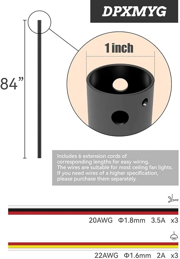 DPXMYG 84 inch Ceiling Fan Downrod with Extension Cord, 7 FT Black Downrod for Ceiling Fan, 1 inch Outside Diameter,Boom Suitable for a Wide Range of Fans (Black, Not Threaded)