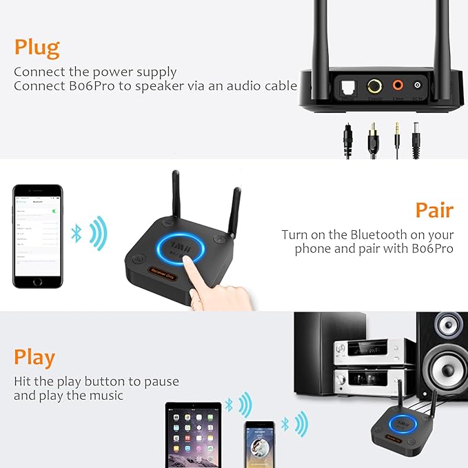 [Upgraded] 1Mii B06Pro Long Range Bluetooth Receiver, HiFi Wireless Audio Adapter, Bluetooth 5.2 Receiver with 3D Surround aptX HD Low Latency Optical RCA AUX 3.5mm Coaxial for Home Stereo System