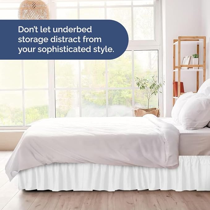 Wrap Around Dust Ruffle Bed Skirt - White - for King Size Beds w/ 14 Inch Drop - Easy Fit Elastic Strap - Adjustable Pleated Bedskirt w/Brushed Fabric, Wrinkle & Fade Free Women, Men, Kids & Teens