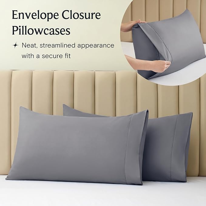 LuxClub 4 PC California King Sheet Set, Deep Pockets Wrinkle Free Cooling Bed Sheets Hotel Bedding for Women, Men, Includes 1 Fitted Sheet, 1 Flat Sheet and 2 Pillowcases-Light Grey