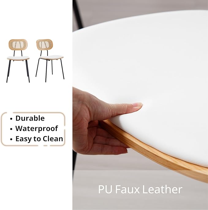 HEAH-YO Dining Chairs Set of 4, Upholstered Faux Leather Rattan Dining Chairs with Backrest and Metal Legs, Armless Kitchen Rattan Chairs for Dining Room, White
