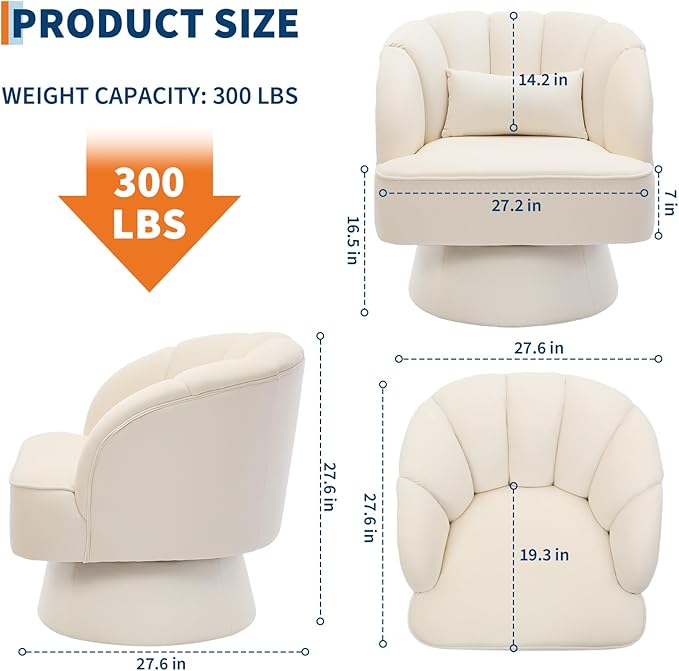 GarveeHome Modern Swivel Barrel Accent Chair, 360 Degree Velvet Upholstered Armchair with Striped Backrest & Plush Padding, Comfy Round Lounge Chair for Living Room, Bedroom, Reading Nook, Beige