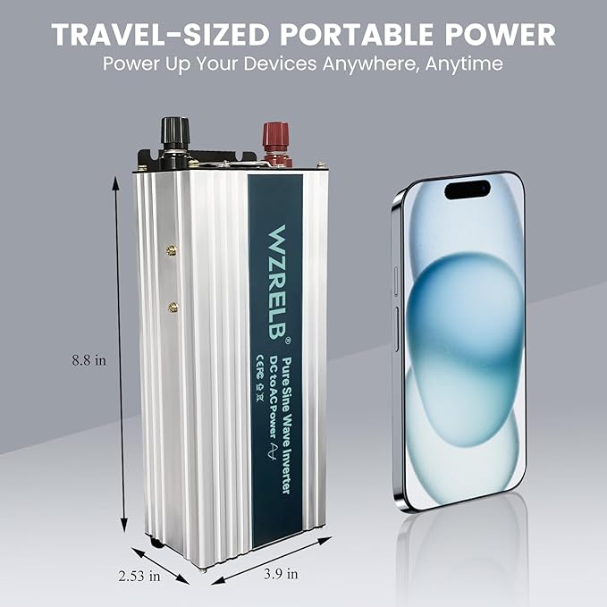 WZRELB 1000W Pure Sine Wave Inverter 12V DC to 110V 120V AC Power Converter with LED Display, Off-Grid Portable Power Inverter with 2 AC Outlets for Home, RV, Truck, Camping