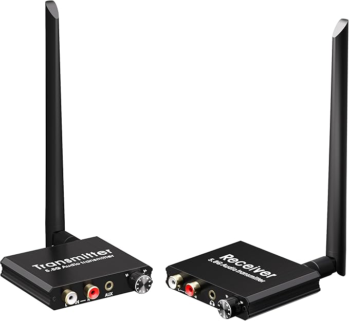 YEUGICEO 5.8GHz Wireless RCA AUX Audio Transmitter Receiver for TV Pojector,164Ft,9ms Latency, Volume Contral Knob, Used for TV Pojector to Activer Speaker Soundbar AMP