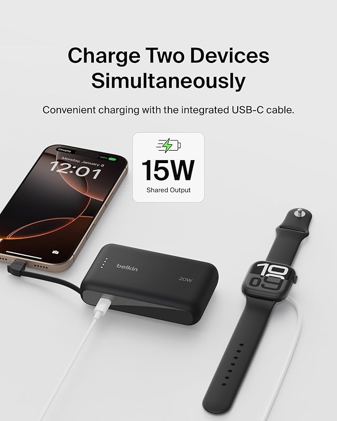 Belkin Portable Charger, Power Bank 10000 mAh w/Integrated Cable - 20W Fast Charge USB-C Power Delivery, iPhone Charger - Apple iPhone 17, Air, Pro, Pro Max, iPad, Samsung Galaxy S25, & More - Black