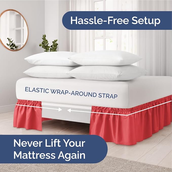 Wrap Around Dust Ruffle Bed Skirt - Red - Twin/Twin XL Size Beds with 12 Inch Drop - Easy Fit Elastic Strap - Adjustable Pleated Bedskirt w/Brushed Fabric - Wrinkle Free - Women, Men, Kids & Teens
