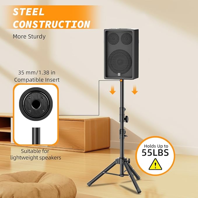Small Speaker Stands 2 Pack, 24-50 Inch Height Adjustable Speaker Tripod Stand Pair, Lightweight 35mm Compatible Insert, Support 55 LB with 2 Storage Bags