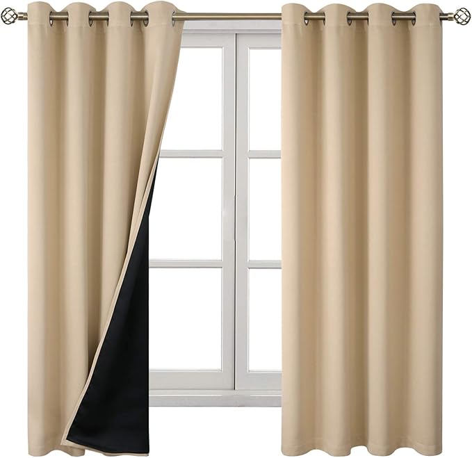 BGment Thermal Insulated 100% Blackout Curtains for Bedroom with Black Liner, Double Layer Full Room Darkening Noise Reducing Grommet Curtain (52 x 63 Inch, Beige, 2 Panels)