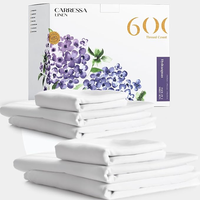 Carressa Linen California King Egyptian Cotton Sheet Sets - 600 Thread Count Cal King Cotton Sheet Set (4 PC, Crisp White), Extra Soft, Cooling, 16" Deep Pocket Sateen Weave Luxury Hotel Bed Sheets