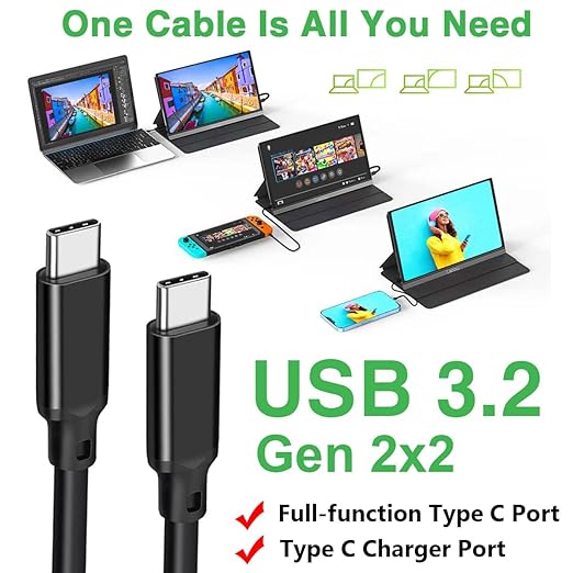 6.6FT USB-C 3.2 Gen 2×2 Display Monitor Video Link Data Transfer Cable for Lepow Z1 15.6 In, InnoView, ASUS ZenScreen, KYY, Cocopar, Arzopa, AOC, Type-C High Speed Portable Monitor Charger Power Cord