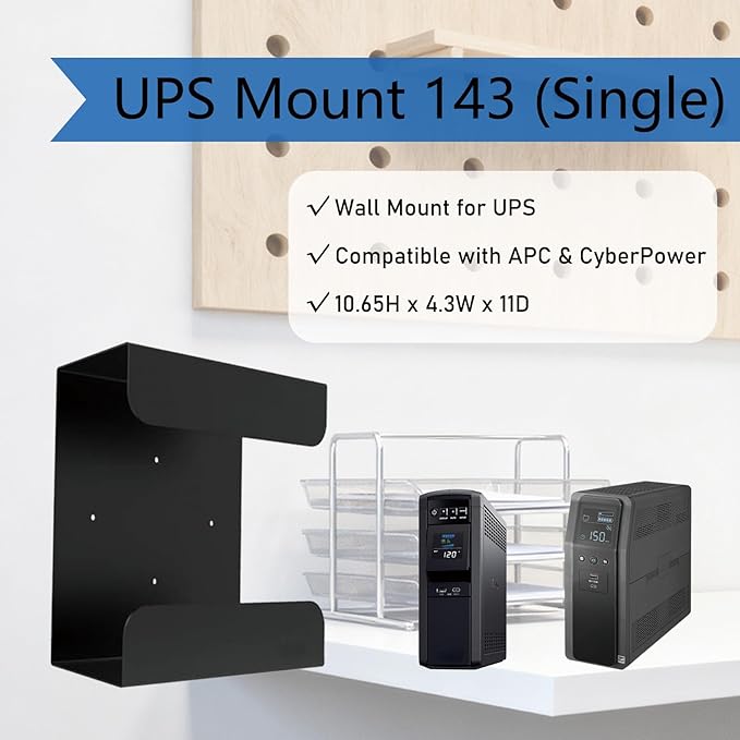UPS Wall Mount Bracket | Single Mount Compatible with APC & CyberPower UPS Battery Backup | Heavy Duty Mounting Kit for Home Office, Server Rack | Easy Installation, Saves Floor Space (Model 143)
