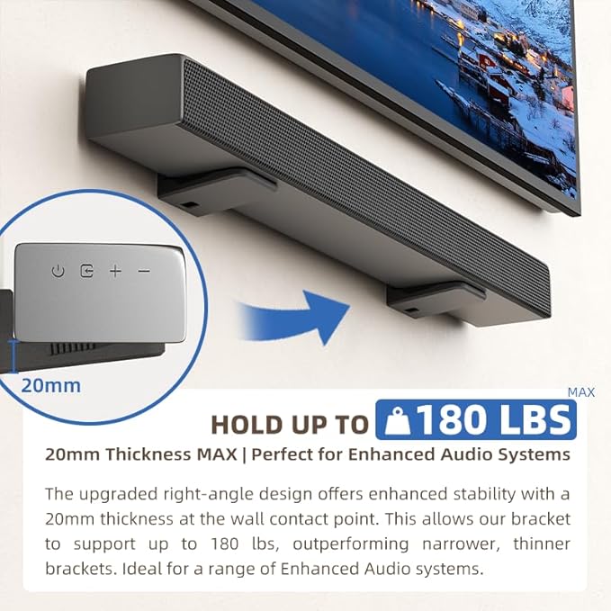 ELETIUO Universal Soundbar Mount for Samsung, Sony, LG, JBL, Bose, Vizio, Roku, Polk Audio, Heavy Duty Wall Mount Bracket Up to 180 lbs for Above or Under TV