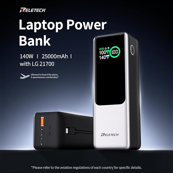 Reletech 140W Portable Fast Charger 25000mAh with LG 21700 Battery, 3-Port Laptop Fast Power Bank Smart Display for Travel, Compatible with MacBook Pro, iPhone 17/16, ipad.（G-ZeroFear）