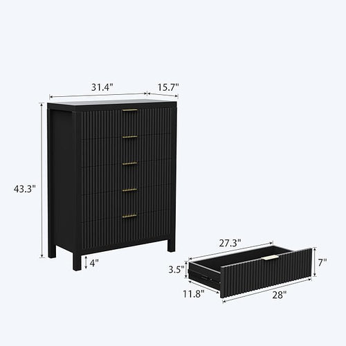 43" 5 Drawer Dresser Tall Dresser Organizer TV Drawer Cabinet Modern Wood Storage Cabinet, Modern Wood Storage Cabinet for Bedroom, Hallway, Entryway, Black