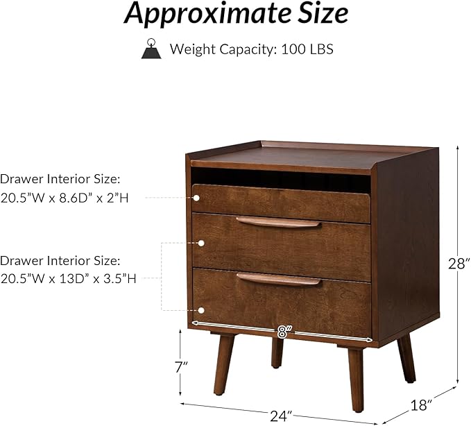 HULALA HOME 2 Drawer End Table with Pull-Out Shelf, Mid-Century Modern End Tables with Wood Legs, Wood Side Table with Charging Station(Walnut)