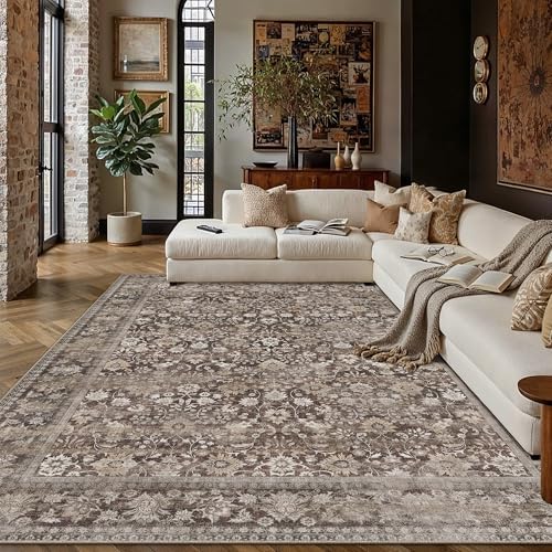 HUGEAR 6x9 Coffee Brown Vintage Floral Washable Area Rug for Living Room by HUGEAR