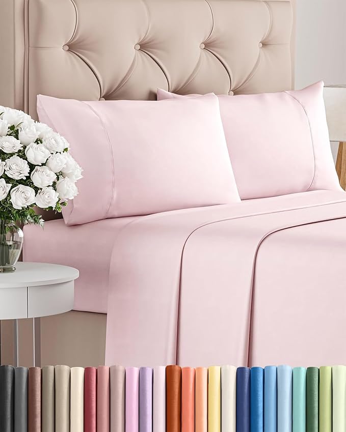 Twin XL 4 Piece Sheet Set - Cooling & Breathable - Hotel Luxury Bedding, Includes Fitted Sheet for Women, Men, Kids & Teens - 1 Flat, 1 Fitted Sheet, 2 Pillowcases w/Deep Pockets - Lavender Pink
