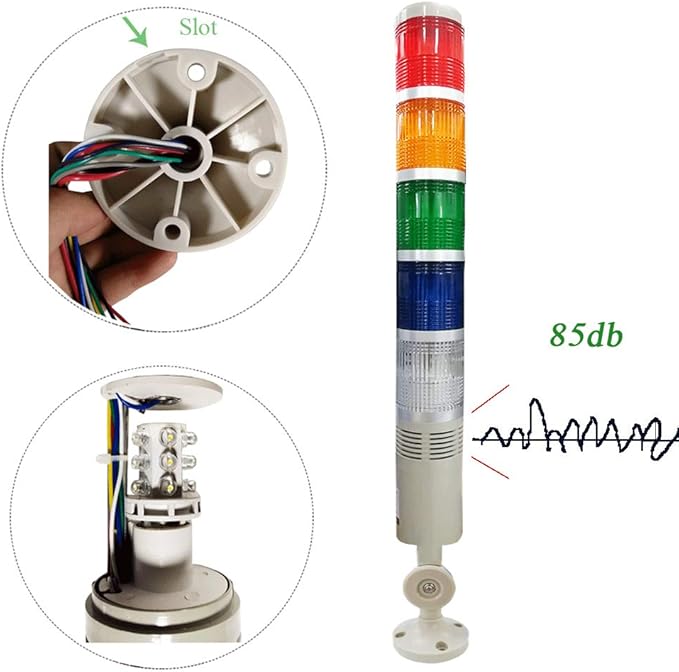 YJINGRUI 5 Stack LED Signal Tower Light, Industrial Flashing LED Warning Light with 85dB Buzzer & 180° Rotatable Base - for CNC, Factory Automation (24V DC)