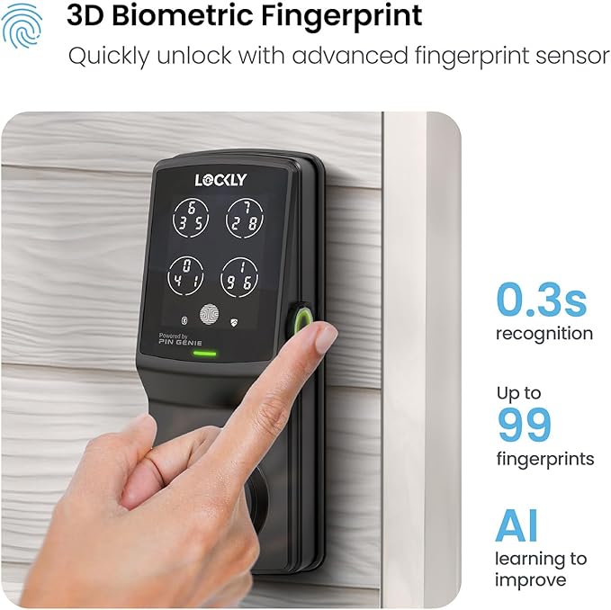 Lockly Secure Plus, Keyless Entry Door Lock, Smart Locks for Front Door, Smart Lock Deadbolt, PIN Genie® Keypad, 3D Biometric Fingerprint Sensor, Auto Lock Smart Door Lock