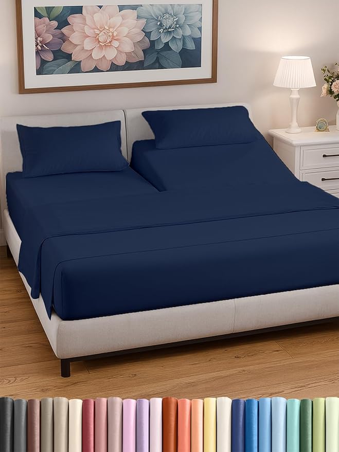 Split Head King Sheets Set - Top Split King Sheets for Adjustable Beds, Easy-Fit Split Head King Mattress - Flex Split Top King Sheets, Easy-Fit, Breathable, Deep Pocket Split King Sheets - Navy Blue