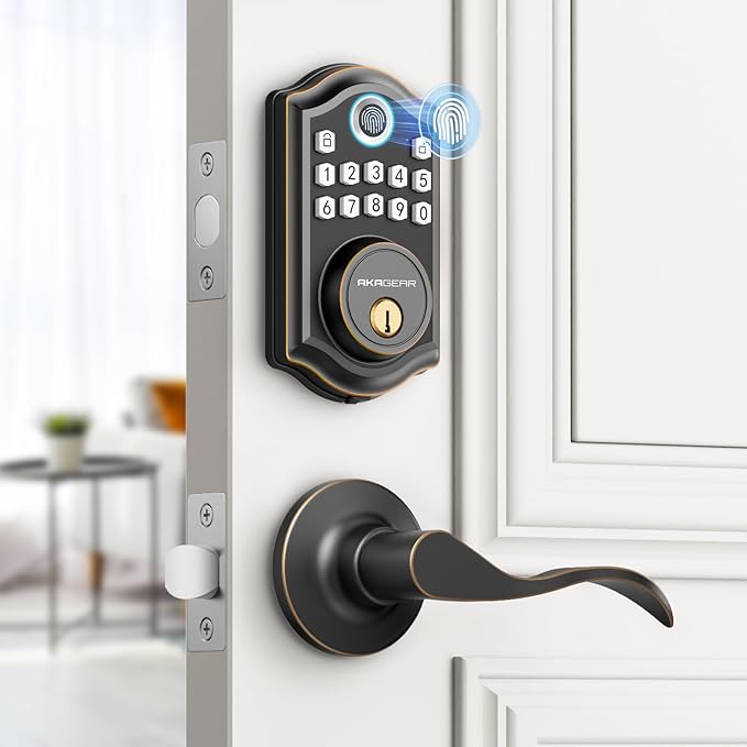 AkaGear DS10 Keyless Entry Door Lock with Handle - 2 Lever Handles, Fingerprint Door Lock, Keypad Deadbolt, 2 Keys, Code, Smart Locks for Front Door, Auto-Lock, Easy Installation - Oil Rubbed Bronze