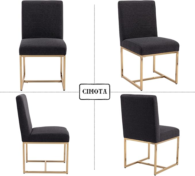 CIMOTA Black Modern Dining Chairs Set of 4, Upholstered Linen Dining Room Chairs Armless Side Chair with Gold Base for Kitchen, Charcoal Black, 4PCS