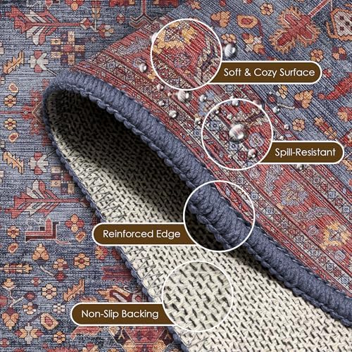 Washable Area Rug 9' x 12' Vintage Traditional Persian Mat - Foldable Distressed Non-Slip Machine Washable Carpet for Living Room Bedroom Kitchen Home Decor - Indigo and Crimson - Image 6