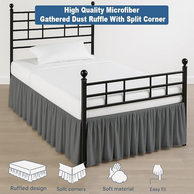 Ruffled Bed Skirt Split Corners with Platform, Tailored Fit Hotel Quality Wrinkle Free Ultra-Soft Microfiber Dust Ruffle, Upto 28 Inch Drop, Full XL, Dark Grey