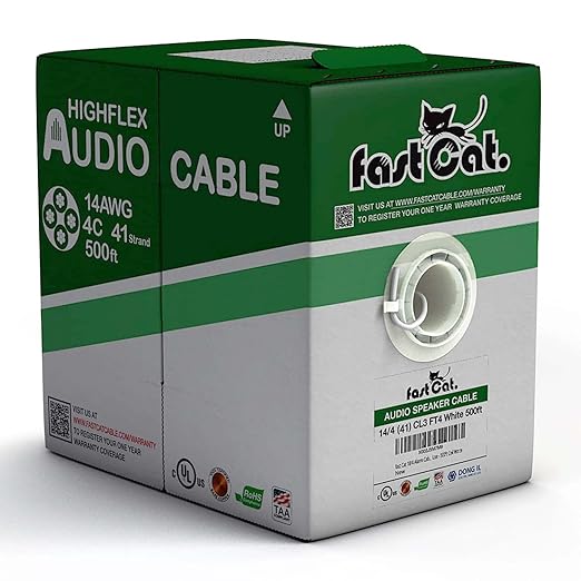 fast Cat. Audio Cable/Speaker Wire - PVC Jacket - UL Listed & (CMR-CL3R-FT4) Rated in-Wall Use - 100% Oxygen-Free Pure Bare Copper (OFC) - 500ft Pull Box (14AWG 4C (41) MidFlex, White)