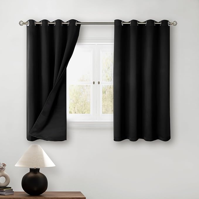 BGment Short 100% Blackout Curtains for Bedroom, Thermal Insulated Energy Efficiency Noise Reducing Grommet Curtains 54 Inch Length with Liner for Small Window 2 Panels Each 46 Inch Wide, Black