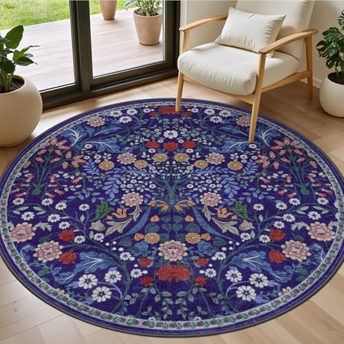 PLHXFR Round Area Rug Living Room: 4 ft Floral Washable Soft Carpet Blue by PLHXFRSoftAreaRugs