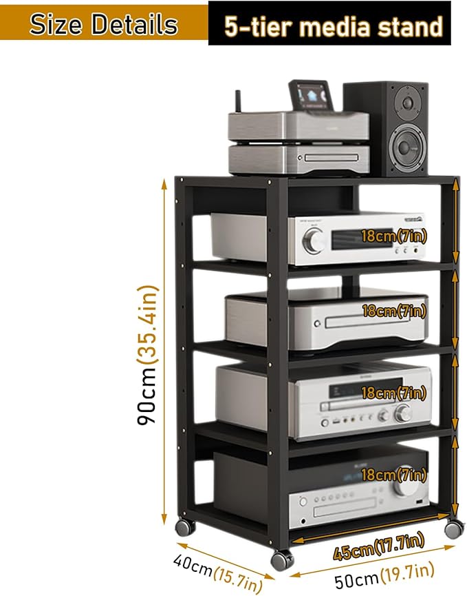 Dernoing 5 Tier Audio Rack Tower, CD Record Player Stereo Receiver AV Equipment Cabinet Display Rack, Weight Capacity 661 lbs, with Adjustable Wooden Shelves for Home (5 Tier Black)