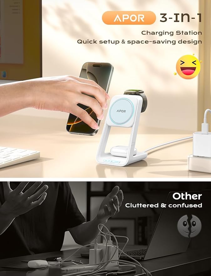 Apor 3 in 1 Charging Station for iPhone, Magsafe Wireless Charger with Cooling Fan for iPhone 17 16e 16 15 14 13 12 Series & Apple Watch Charger, Wireless Charging Station for AirPods 4/3/Pro (White)